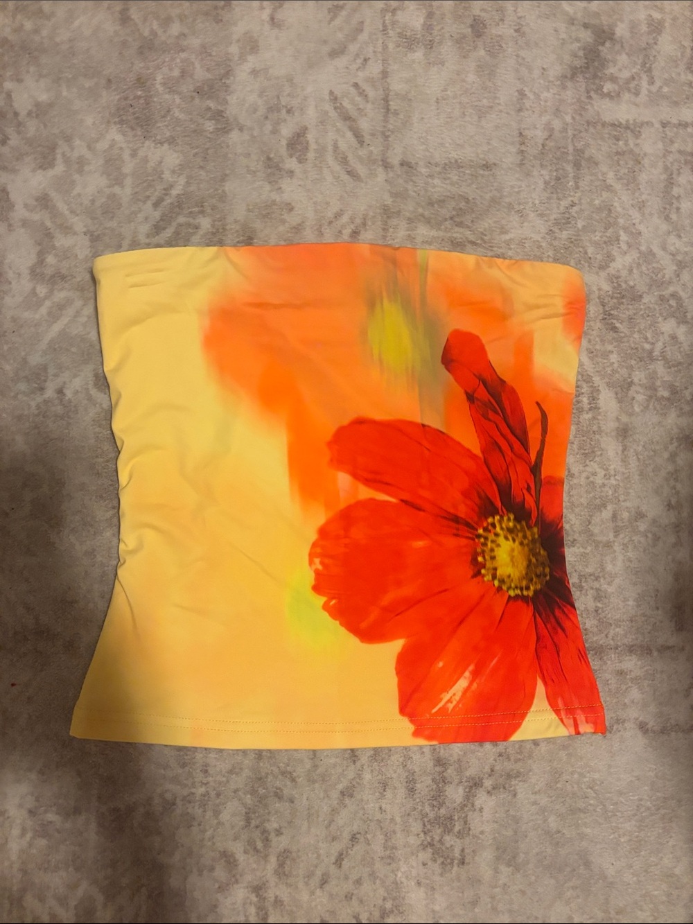 White Fox Yellow Strapless Tube Crop Top with Orange-Red Floral Print